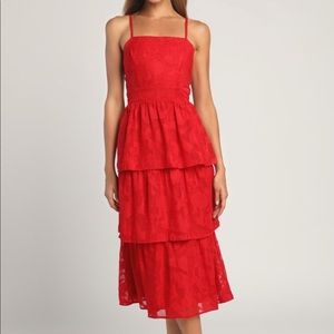 Grace and Beauty Red Burnout Floral Tiered Dress